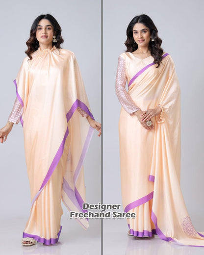 Premium Satin Silk Saree with Digital Print & Fancy Neck Style | The Sareen