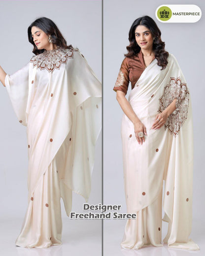 Premium Satin Silk Saree with Digital Print & Fancy Neck Style | The Sareen