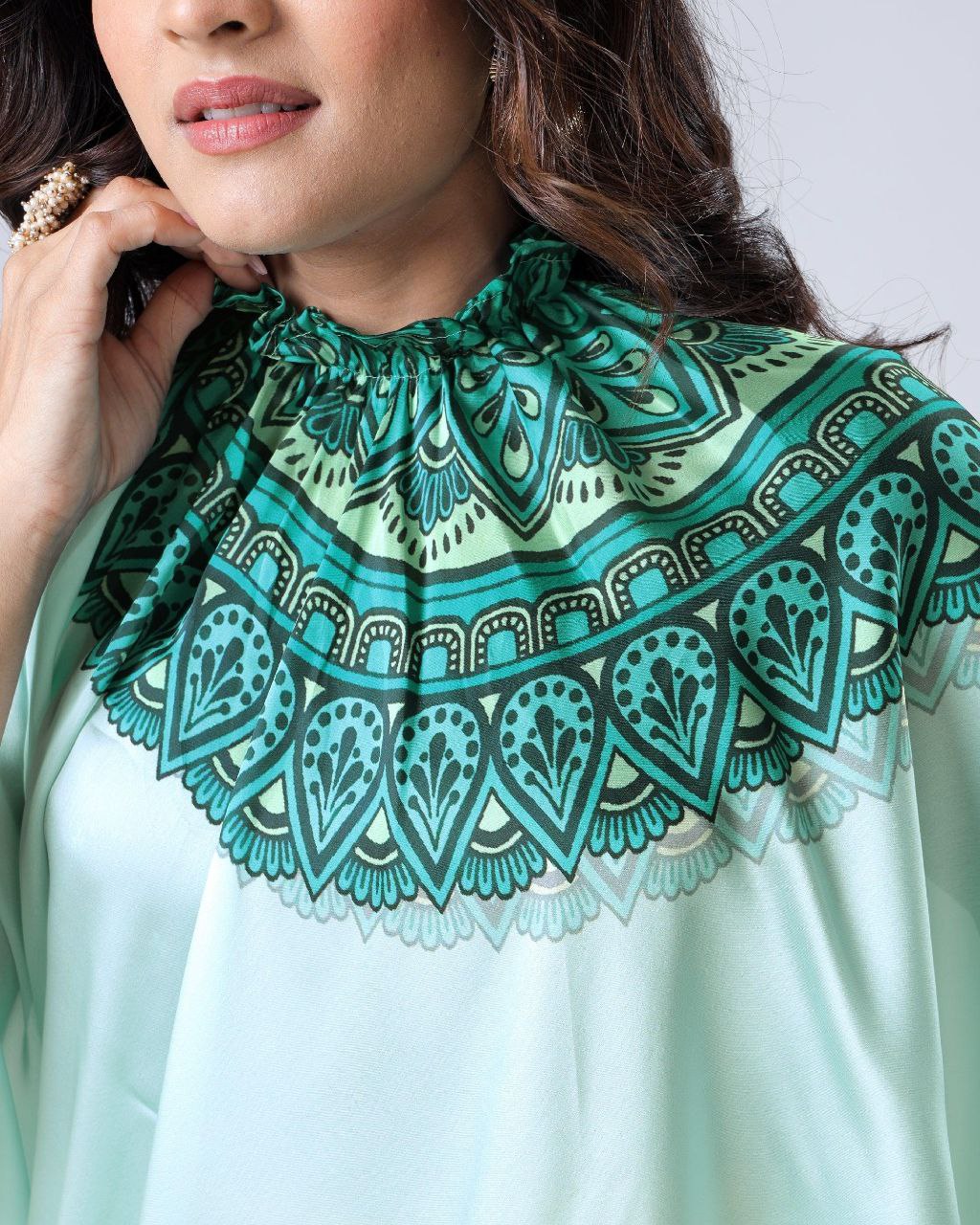 Premium Satin Silk Saree with Digital Print & Fancy Neck Style | The Sareen