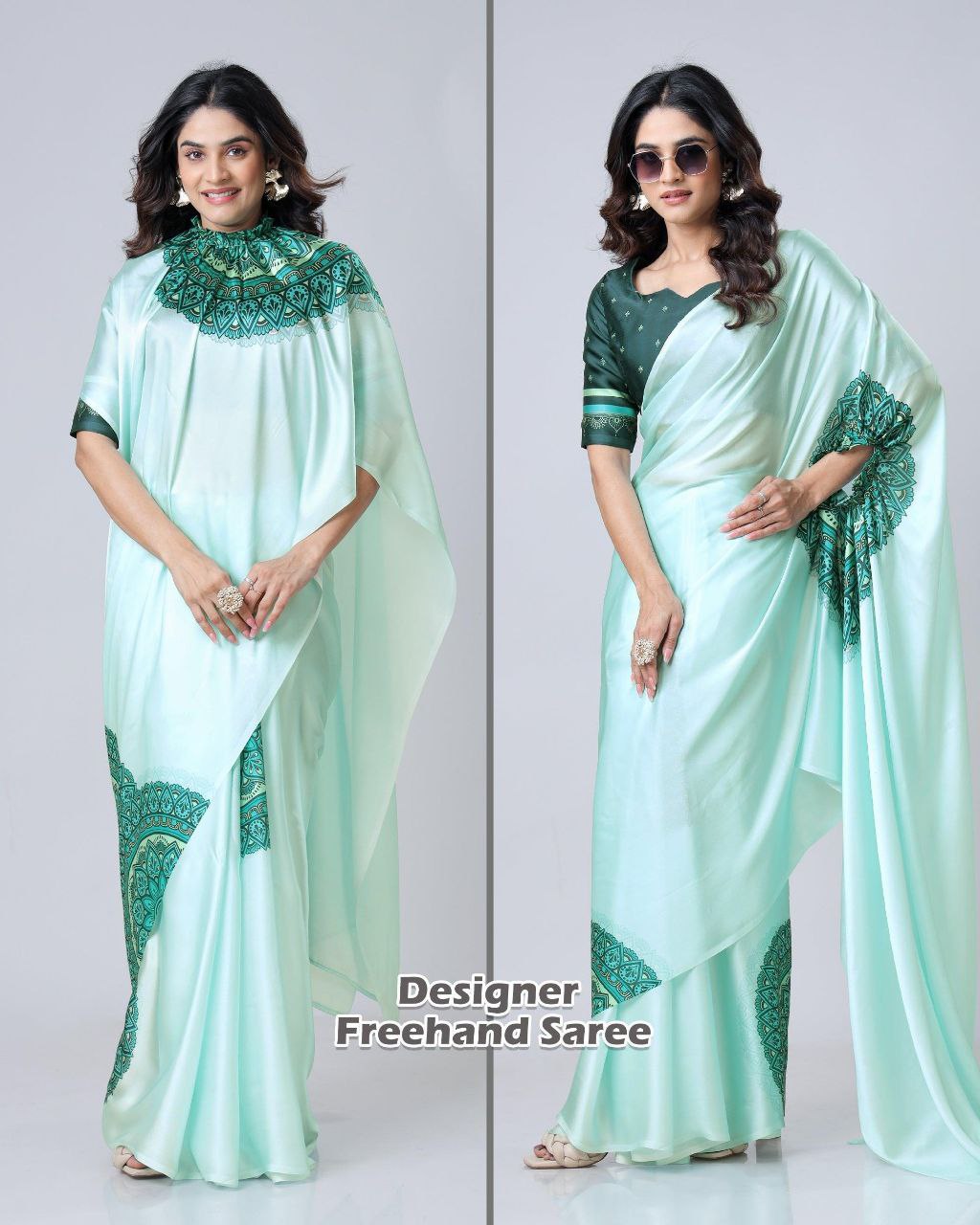 Premium Satin Silk Saree with Digital Print & Fancy Neck Style | The Sareen