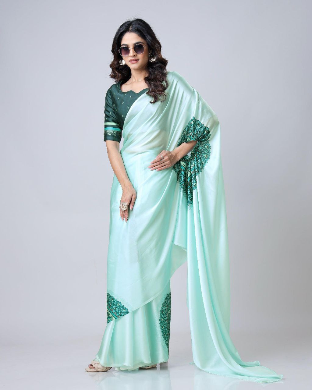 Premium Satin Silk Saree with Digital Print & Fancy Neck Style | The Sareen