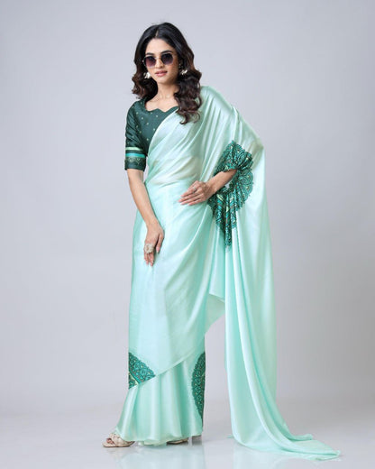 Premium Satin Silk Saree with Digital Print & Fancy Neck Style | The Sareen