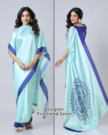 Premium Satin Silk Saree with Digital Print & Fancy Neck Style | The Sareen