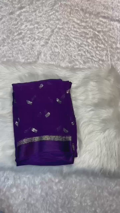 Viscose Georgette Saree with Satin Border & Heart Sequin Embroidery | The Sareen